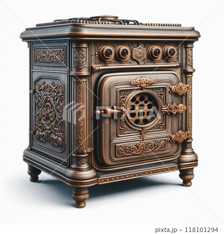 illustration of vintage metal stove with clock on white background. 118101294