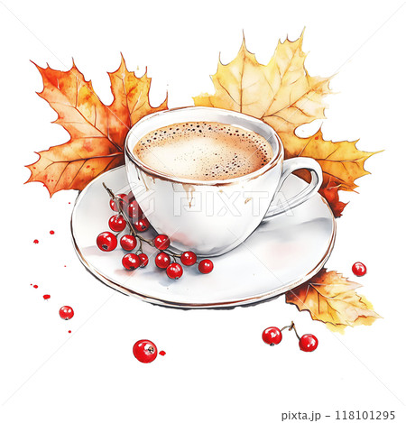 Cup of coffee with autumn leaves and red berries isolated on white background, fall inspirational illustration 118101295