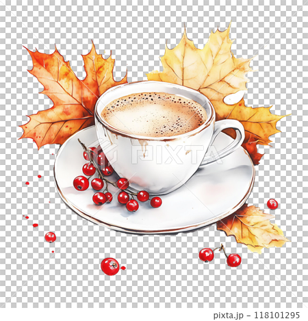 Cup of coffee with autumn leaves and red berries isolated on white background, fall inspirational illustration 118101295