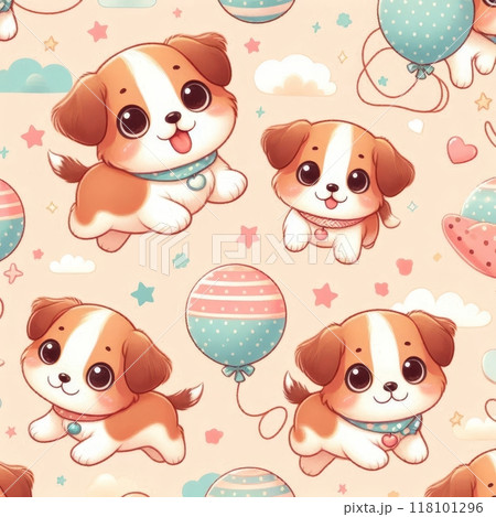 Cute cartoon puppies with balloons and stars on beige background. 118101296