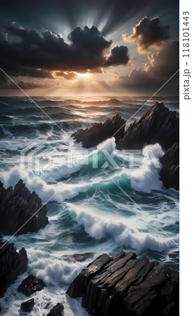 panorama of the sea waves and the rocks 118101443