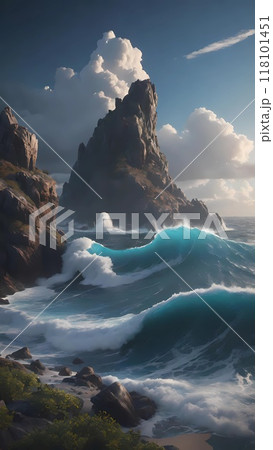 panorama of the sea waves and the rocks panorama of the sea waves and the rocks 118101451