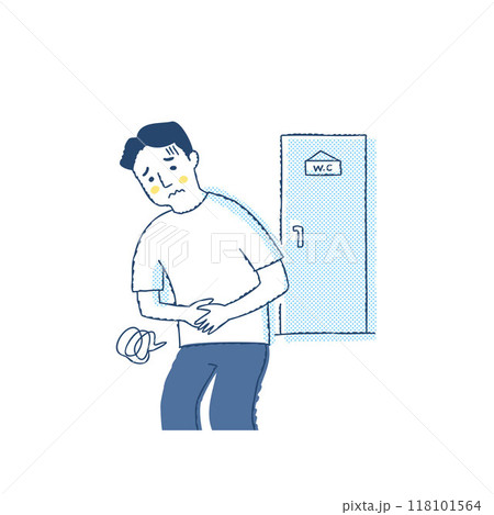 トイレの前でお腹を押さえている男性 118101564