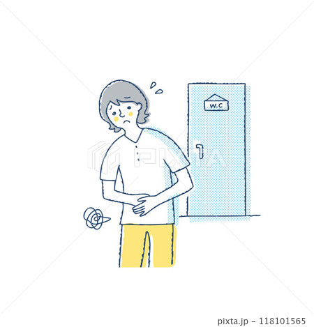 トイレの前でお腹を押さえている女性 トイレの前でお腹を押さえている女性 118101565