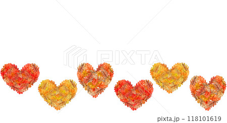 Seamless border of heart of autumn colorful orange oak leaves. Watercolor botanical illustration. Template with foliage texture, for stickers, posters for harvest festival, Thanksgiving, Halloween 118101619