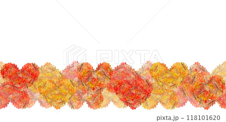 Seamless border of heart of autumn colorful orange oak leaves. Watercolor botanical illustration. Template with foliage texture, for stickers, posters for harvest festival, Thanksgiving, Halloween 118101620