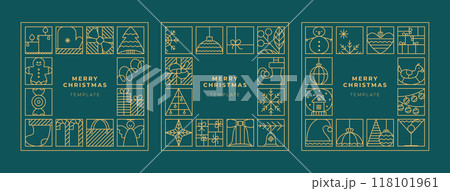 Elegant outline Christmas square card, invitation, poster templates. Simple line luxury new year vector designs. 118101961
