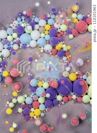 Colorful abstract art composition featuring vibrant spheres in a swirling pattern against a gray backdrop 118101963