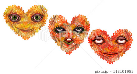 Set of heart with a mask with eyes and a smile made of autumn orange oak leaves. Watercolor botanical illustration. Template with foliage texture, for stickers, poster for harvest festival, Halloween Set of heart with a mask with eyes and a smile made of autumn orange oak leaves. Watercolor botanical illustration. Template with foliage texture, for stickers, poster for harvest festival, Halloween 118101983