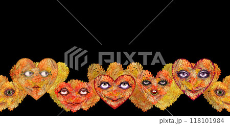 Seamless border of heart with a mask with eyes and a smile of autumn orange oak leaves. Watercolor illustration. Template with foliage texture, for sticker, poster for Harvest, Thanksgiving, Halloween 118101984
