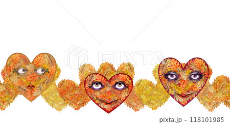 Seamless border of heart with a mask with eyes and a smile of autumn orange oak leaves. Watercolor illustration. Template with foliage texture, for sticker, poster for Harvest, Thanksgiving, Halloween Seamless border of heart with a mask with eyes and a smile of autumn orange oak leaves. Watercolor illustration. Template with foliage texture, for sticker, poster for Harvest, Thanksgiving, Halloween 118101985