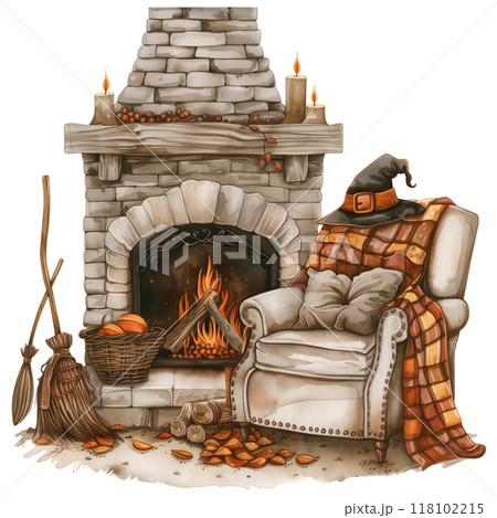 A cozy armchair by a fireplace with a witch's hat and brooms leaning nearby 118102215