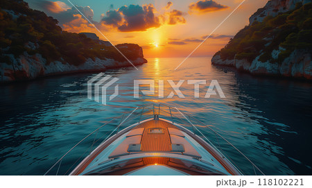 Sunset View from a Yacht Sailing Through a Serene Bay Sunset View from a Yacht Sailing Through a Serene Bay 118102221