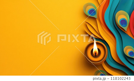 A candle is lit on a colorful background with peacock feathers, AI 118102243