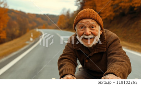 A man riding a bike down the road in front of trees, AI 118102265