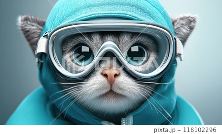 A cat wearing a blue jacket and goggles with the word "snow" written on it, AI 118102296