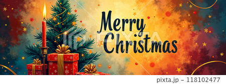 Festive greeting with a Christmas tree and presents. 118102477