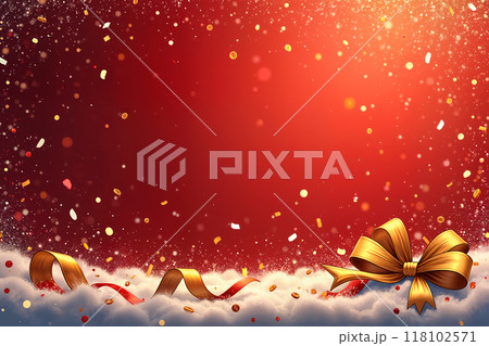 Red background with gold confetti and a bow. 118102571