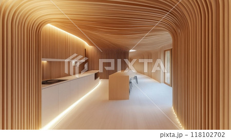 A long hallway with a curved ceiling and white counter tops, AI 118102702