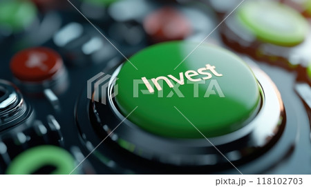 A close up of a green button with the word invest on it, AI 118102703