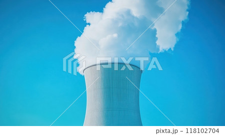 A large steam coming out of a cooling tower with blue sky, AI 118102704