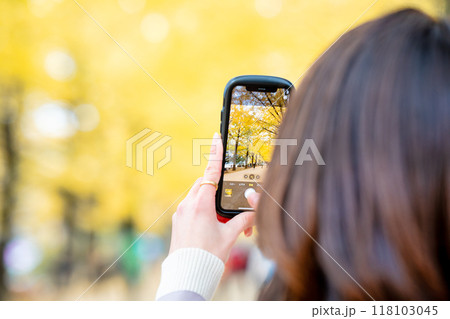 紅葉をスマホで撮影する女性の後姿 118103045