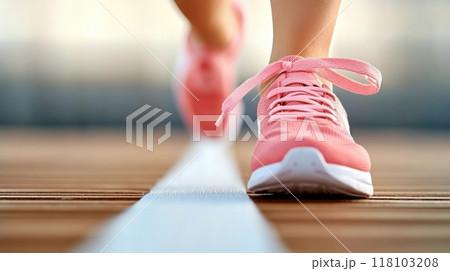 A woman's feet are in pink sneakers as she walks on a wooden deck, AI 118103208