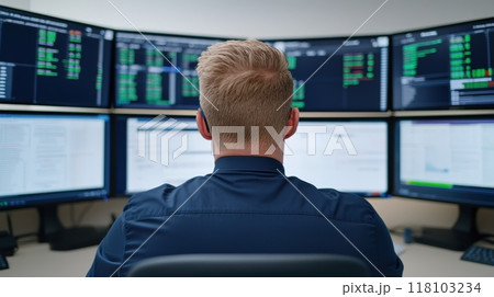 A man sitting at a desk with four monitors in front of him, AI 118103234
