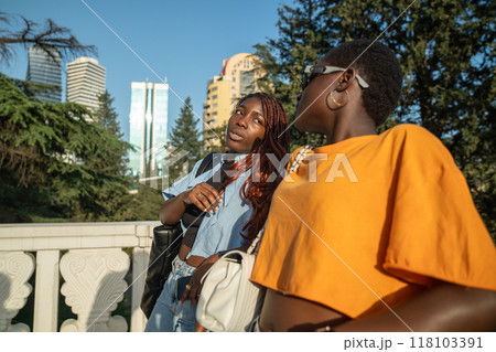 Glad African American girls spend time together on walk, communicate discuss various rumours in city Glad African American girls spend time together on walk, communicate discuss various rumours in city 118103391