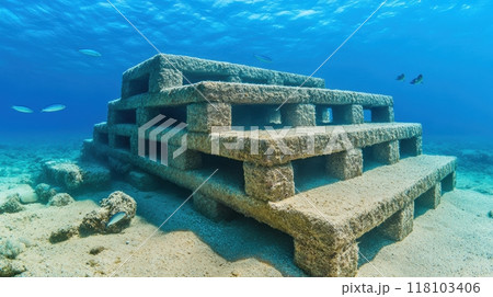 A concrete steps are underwater in the ocean with fish swimming around, AI 118103406