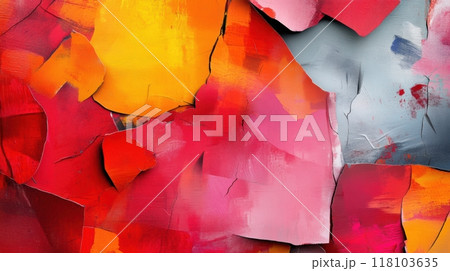 A close up of a painting with many different colors and shapes, AI 118103635