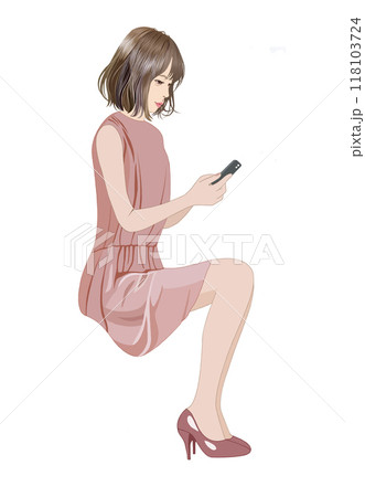 椅子に座りスマホを見る若い女性イラスト 椅子に座りスマホを見る若い女性イラスト 118103724
