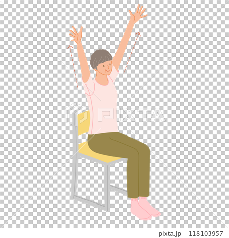 Senior exercise: A woman sits on a chair and stretches with both hands raised (Banzai pose) 118103957