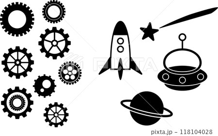 シンプルな歯車と宇宙のモノクロイラストセット 118104028
