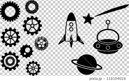シンプルな歯車と宇宙のモノクロイラストセット 118104028