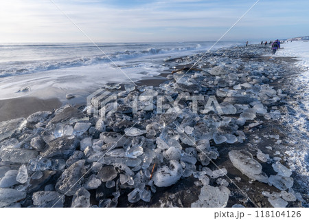 北海道の冬の海岸に漂着したジュエリーアイス 北海道の冬の海岸に漂着したジュエリーアイス 118104126