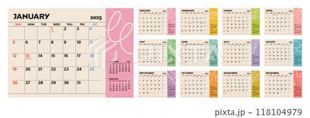 2025年マンスリーカレンダー12ヶ月セット　祝日・行事入り　卓上カレンダー 118104979