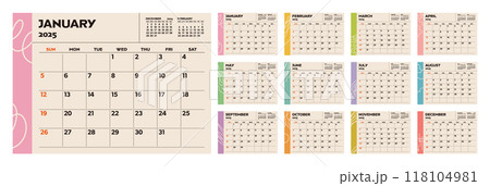 2025年マンスリーカレンダー12ヶ月セット　シンプル卓上カレンダー 118104981