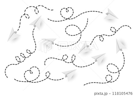 Vector Realistic Paper Planes Collection. Paper Plane Icon Set. Heart Shaped Flying Paper Plane with Dotted Air Route. White Paper Planes with Dotted Route Line Vector Realistic Paper Planes Collection. Paper Plane Icon Set. Heart Shaped Flying Paper Plane with Dotted Air Route. White Paper Planes with Dotted Route Line 118105476
