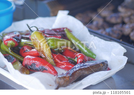 Succulent Grilled Peppers and Meat on a Barbecue Grill Perfect for a Summer Gathering 118105501