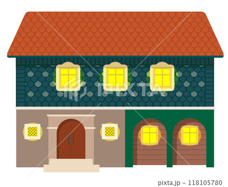 灯りが灯った西洋の家のベクターイラスト 118105780