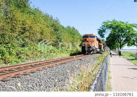 A train passing along the promenade at White Rock, Surrey, BC, Canada 118106761
