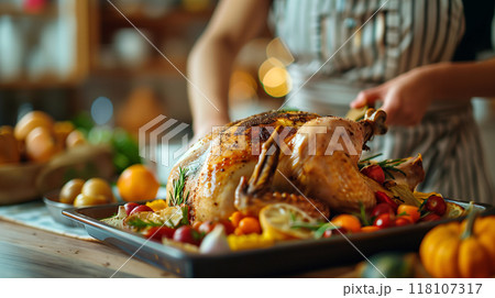 Close up of woman is decorating a Thanksgiving turkey tray placed on a table that full of foods. Background for the Thanksgiving seasonal celebration. AI generated. 118107317