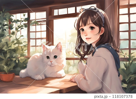 猫と遊ぶかわいい女の子のイラストのイラスト素材 [118107378] - PIXTA