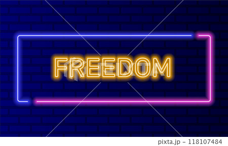 Neon sign freedom in speech bubble frame on brick wall background vector. Light banner on the wall background. Freedom button encouragement and inspiration, design template, night neon signboard Neon sign freedom in speech bubble frame on brick wall background vector. Light banner on the wall background. Freedom button encouragement and inspiration, design template, night neon signboard 118107484