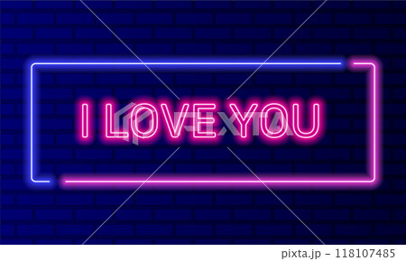 Neon sign i love you in speech bubble frame on brick wall background vector. Light banner on the wall background. I love you button care and compliments, design template, night neon signboard Neon sign i love you in speech bubble frame on brick wall background vector. Light banner on the wall background. I love you button care and compliments, design template, night neon signboard 118107485