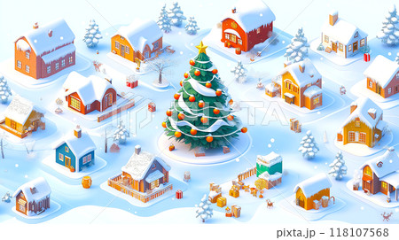 Christmas tree and house village snow winter season holiday 3D isometric illustration, gift, ginger bread in December on white background 118107568