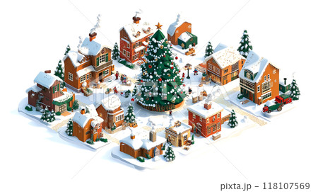 Christmas tree and house village snow winter season holiday 3D isometric illustration, gift, ginger bread in December on white background 118107569