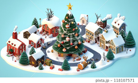 Christmas tree and house village snow winter season holiday 3D isometric illustration, gift, ginger bread in December on pastel color background 118107571