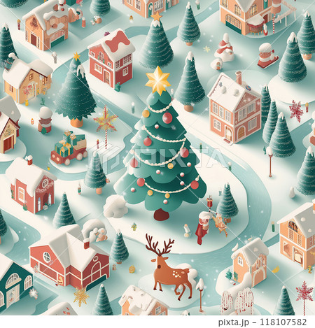 Christmas tree and house village pattern snow winter season holiday 3D isometric illustration, gift, ginger bread in December on pastel color background 118107582